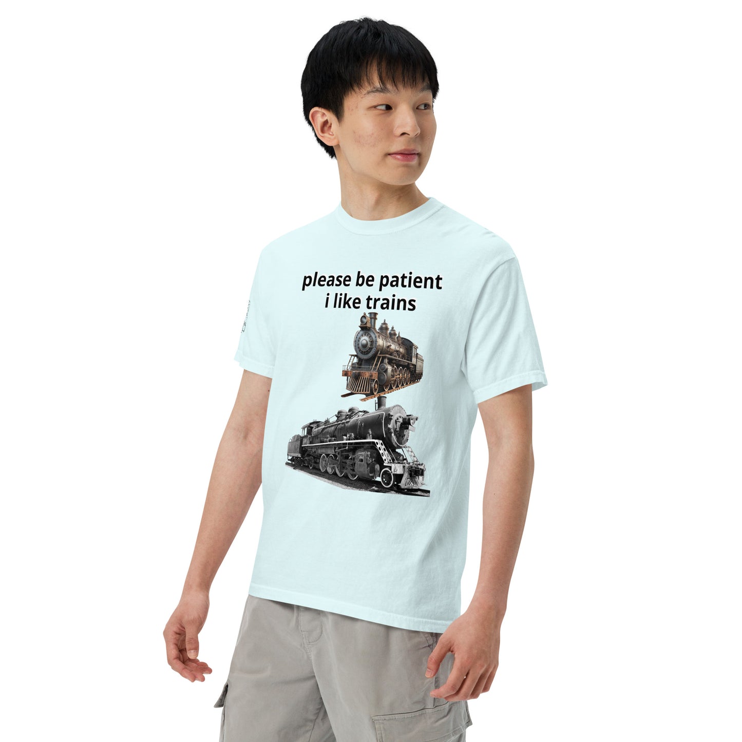 "please be patient i like trains" Unisex garment-dyed heavyweight t-shirt