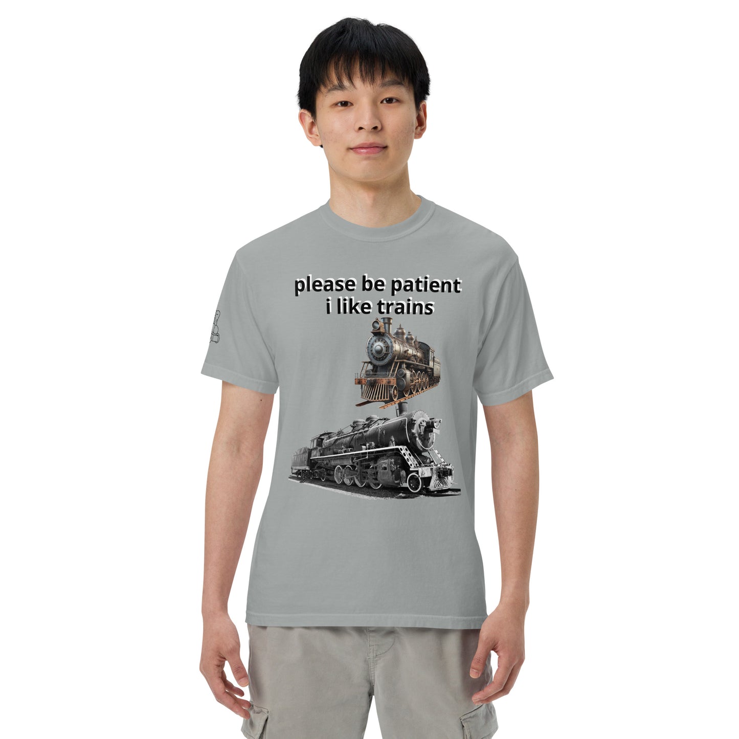 "please be patient i like trains" Unisex garment-dyed heavyweight t-shirt