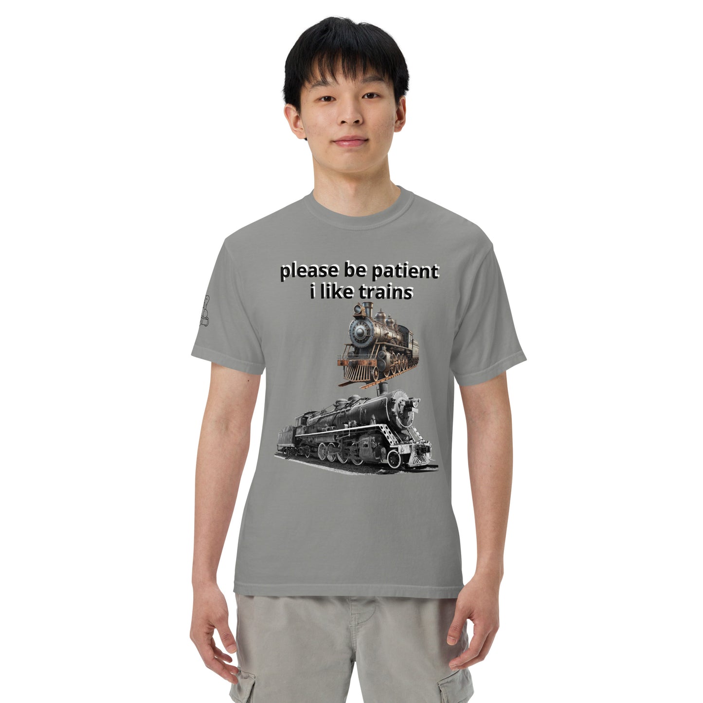 "please be patient i like trains" Unisex garment-dyed heavyweight t-shirt