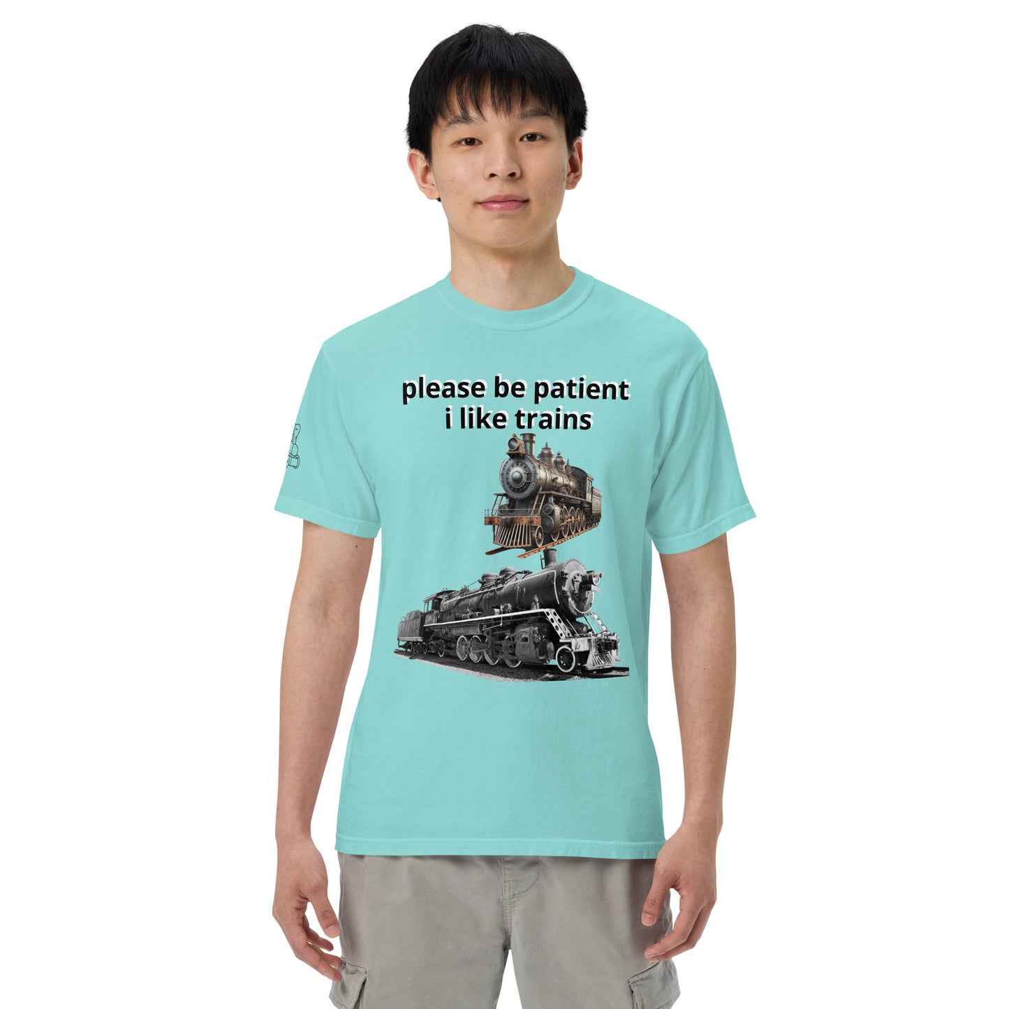 "please be patient i like trains" Unisex garment-dyed heavyweight t-shirt