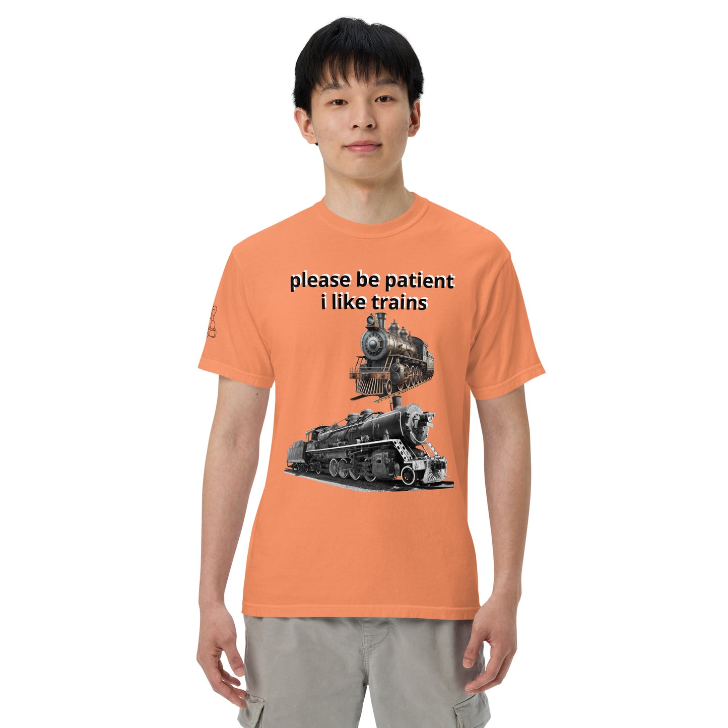 "please be patient i like trains" Unisex garment-dyed heavyweight t-shirt