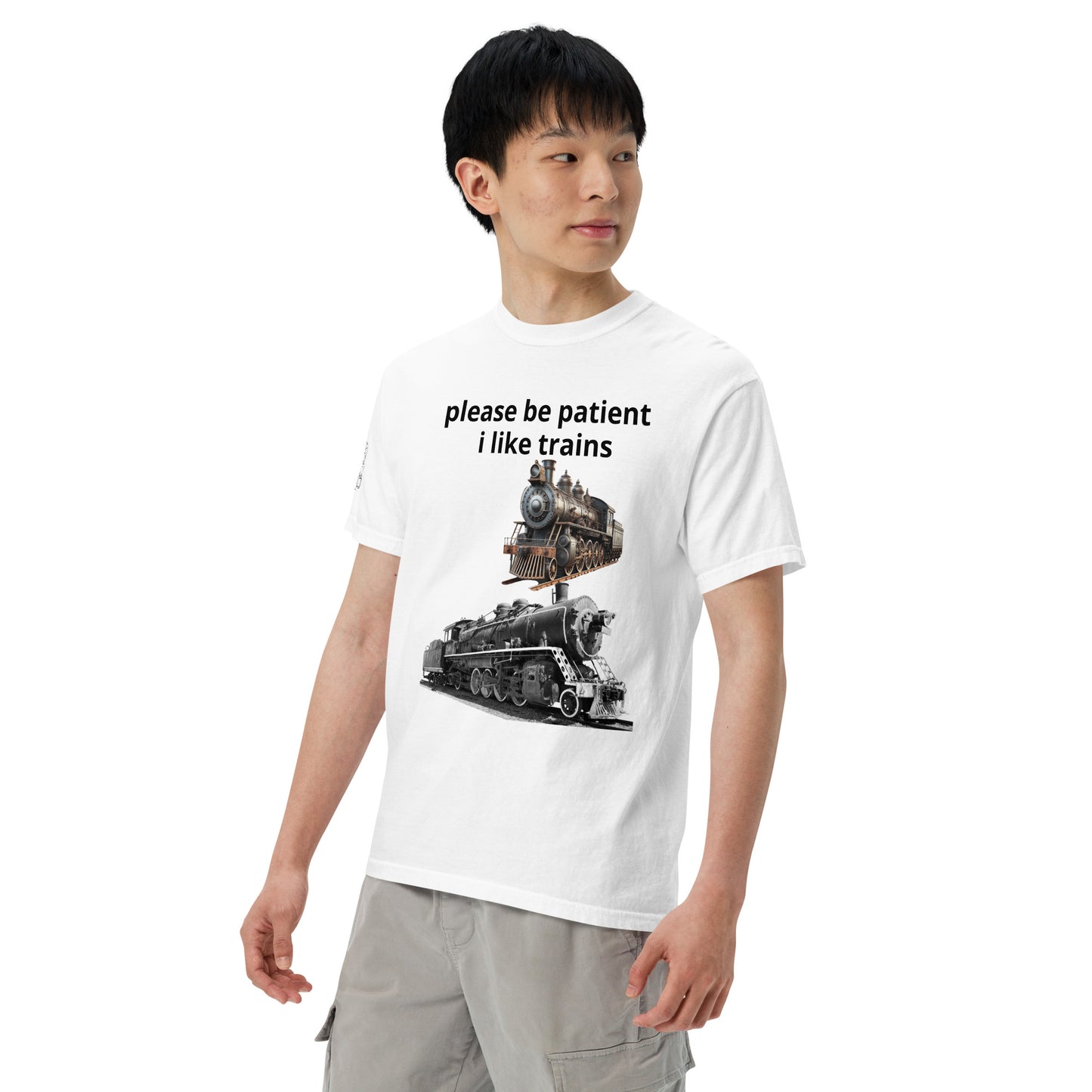 "please be patient i like trains" Unisex garment-dyed heavyweight t-shirt